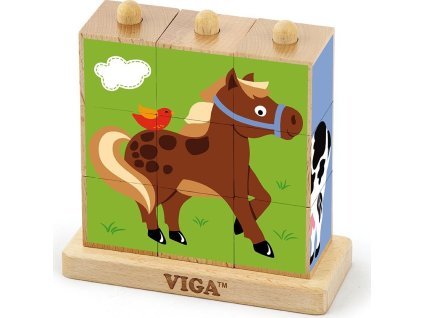 Dřevěné puzzle kostky na stojánku Viga Farma