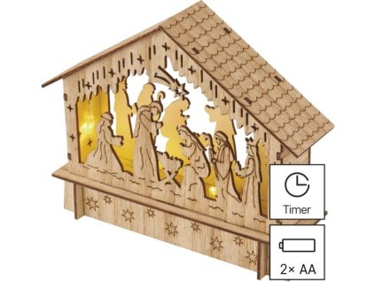 LED vánoční betlém dřevěný, 15 cm, 2x AA, vnitřní, teplá bílá, časovač