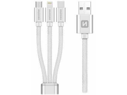 Swissten Datový kabel 3in1 MFi, 1,2 m, textilní, (micro USB, USB-C, Lightning) stříbrný