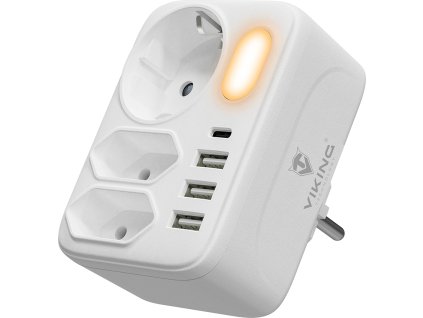 Síťový adaptér Viking AC34/Output:3xAC,3xUSB-A,1xUSB-C/LED světlo/zásuvka typu F a C