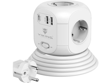 Síťový adaptér Viking AC Cube PD/Output:4xAC,2xUSB-A,1xUSB-C/Tlačítko ON/OFF/zásuvka typu F