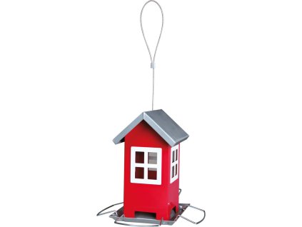 Zahradní krmítko kovové, barevný domeček 19x20x19 cm,  - červený/stříbrná střecha