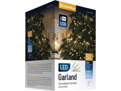 COLORWAY LED řetěz/ vnitřní / 50 LED / délka 5m / teplá bílá/ 8 funkcí/ napájení USB