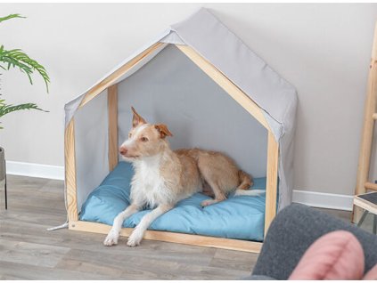 LIAS látková bouda do interiéru 88 x89 x 61 cm, dřevěný rám, písková/modrá