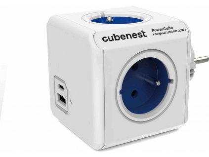 Cubenest Powercube Original USB PD 20W, A+C, 4× zásuvka, bílá/modrá, dětská pojistka, uzemnění, max. 16A/250V~3680W