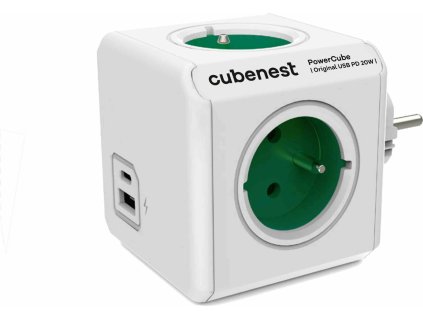 Cubenest Powercube Original USB PD 20W, A+C, 4× zásuvka, bílá/zelená, dětská pojistka, uzemnění, max. 16A/250V~3680W