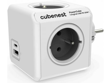 Cubenest Powercube Original USB PD 20W, A+C, 4× zásuvka, bílá/šedá, dětská pojistka, uzemnění, max. 16A/250V~3680W