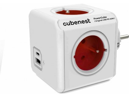 Cubenest Powercube Original USB PD 20W, A+C, 4× zásuvka, bílá/červená, dětská pojistka, uzemnění, max. 16A/250V~3680W