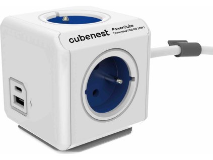 Cubenest Powercube Extended USB PD 20W, A+C, 4× zásuvka, 1,5m, bílá/modrá, dětská pojistka, uzemnění, dok, 10A/250V