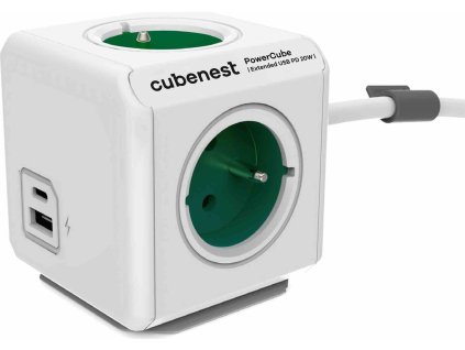 Cubenest Powercube Extended USB PD 20W, A+C, 4× zásuvka, 1,5m, bílá/zelená, dětská pojistka, uzemnění, dok, 10A/250V
