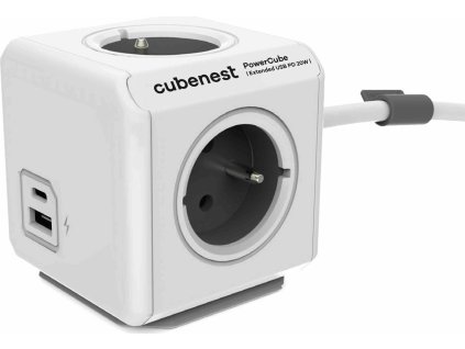 Cubenest Powercube Extended USB PD 20W, A+C, 4× zásuvka, 1,5m, bílá/šedá,  dětská pojistka, uzemnění, dok, 10A/250V