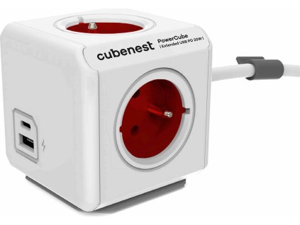 Cubenest Powercube Extended USB PD 20W, A+C, 4× zásuvka, 1,5m, bílá/červená, dětská pojistka, uzemnění, dok, 10A/250V