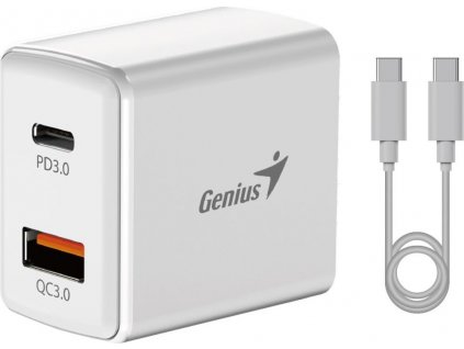 GENIUS rychlonabíjecí set PD-20ACP, 20W, rychlé nabíjení, USB-C PD3.0, USB-A QC3.0, 1m kabel USB-C USB-C, bílá