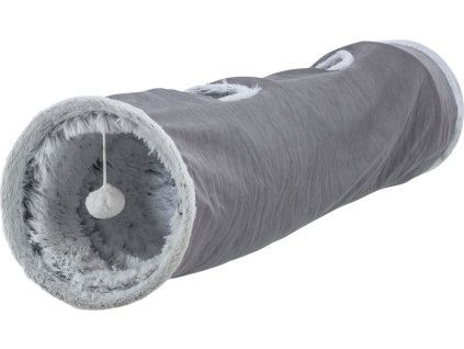 Plyšový tunel pro kočky HARVEY s hračkami, 4 vstupy, 27 x 116 cm, šedá