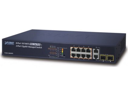 Planet FGSD-1008HPS L2 switch, 8x100Mb, 2x1Gb SFP, 8x PoE 802.3at 125W