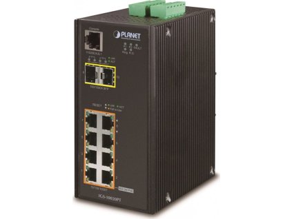 Planet IGS-10020PT průmyslový L3 switch, 8x1Gb, 2x2.5Gb SFP, 8x PoE 802.3at 240W, 48-54VDC, -40~75°C, IP30