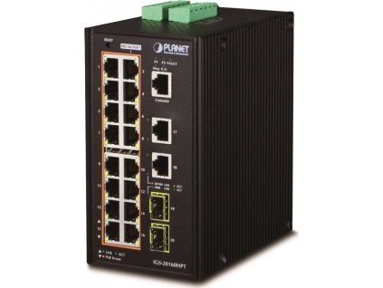 Planet IGS-20160HPT L3 switch, 18x1Gb, 2x2.5Gb SFP, 16x PoE 802.3at 320W, dual 48-56VDC, -40~75°C, IP30