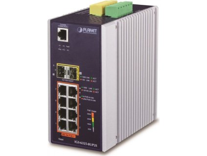 Planet IGS-6325-8UP2S průmyslový L3 switch, 8x1Gb, 2x2.5Gb SFP, PoE 802.3bt 360W, 48-54VDC, -40~75°C, fanless
