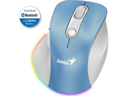 GENIUS Ergo 9000S Pro Light Blue/ duální Bluetooth + 2,4GHz/ 2400 dpi/ bezdrátová/ 6tlačítková/ dobíjecí/ RGB/ modrobílá
