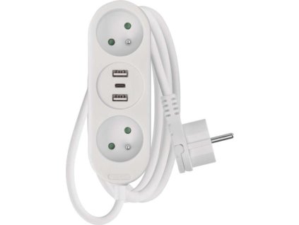 Prodlužovací kabel 2 m / 2 zásuvky+2×USB A+1×USB C  / bílý / PVC / 1 mm2