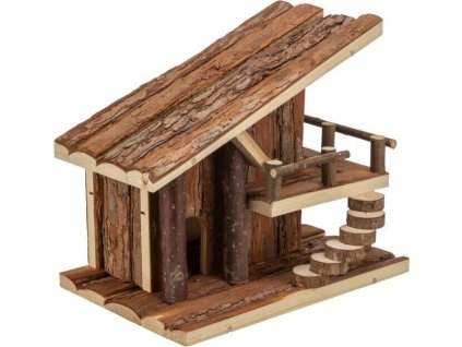 Chaloupka JULE s terasou, pro myšky, 25 x 21 x18 cm, přírodní dřevo s kůrou