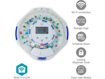 Dávkovač Pilulek SmartLife | Wi-Fi | 28 Přihrádky | Počet časů poplachu: 9 budíků za den | Hlas / Pípnutí / Světlo | LCD displej | Bílá