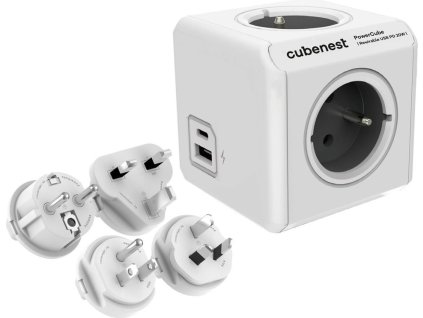 Cubenest Powercube ReWirable USB PD 20W, A+C, 4× zásuvka, bílá/šedá, 4 cestovní koncovky, dětská pojistka, uzemnění