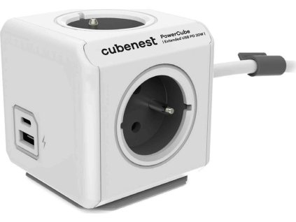 Cubenest Powercube Extended USB PD 20W, A+C, 4× zásuvka, 3m, bílá/šedá,  dětská pojistka, uzemnění, dok, 10A/250V