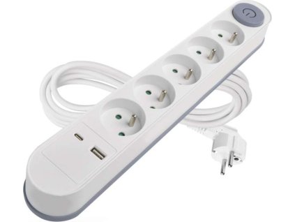 Prodlužovací kabel 3 m / 5 zásuvky / s vypínačem / bílý / 1×USB-A + 1×USB-C / 1,5 mm2