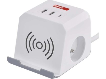 Prodlužovací kabel - kostka 2 m / 2 zásuvky / bílý / 2×USB-A + 1×USB-C+Qi / 1,5 mm2