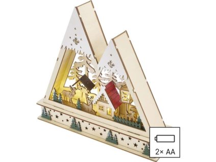 LED dřevěná vánoční krajina, 23,5 cm, 2x AA, vnitřní, teplá bílá, časovač
