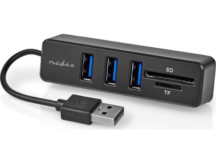 NEDIS USB hub/ zástrčka USB-A/ zásuvka USB-A/ 3 porty/ napájení z USB/ SD & MicroSD/ 3x USB/ černý