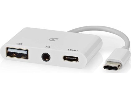 USB Multiport Adaptér | USB 2.0 | USB-C™ Zástrčka | USB-A Zásuvka / USB-C™ Zásuvka / 3,5 mm Zásuvka | 480 Mbps | 0.10 m | Kulatý | Poniklované | PVC | Bílá | Box