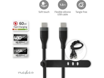 USB kabel | USB 2.0 | USB-C™ Zástrčka | USB-C™ Zástrčka | 60 W | 480 Mbps | Poniklované | 1.50 m | Kulatý | Silikonový | Černá | Box