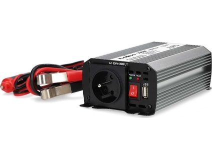 Měnič Modifikovaná sinusoida | Vstupní napětí: 12 V DC | Výstupní napájecí konektor(y): Type E (CEE 7/5) / USB-A | 230 V AC 50 Hz | 300 W | Špičkový výstupní výkon: 600 W | Bateriové Svorky + Auto Zapalovač | Stříbrná