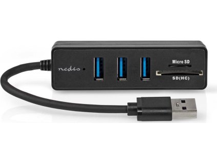 NEDIS USB hub/ zástrčka USB-A zástrčka/ 3x zásuvka USB-A/ 5 Portů/ USB 3.2 Gen 1/ 5 Gbps/ SD & MicroSD/ černý/ blistr