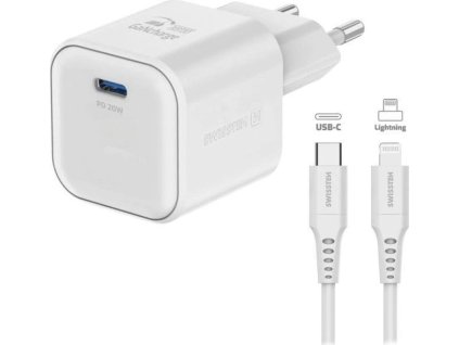 Swissten síťový adaptér gan 1x usb-c 20w power delivery bílý + datový kabel usb-c/lightning 1,2 m bílý