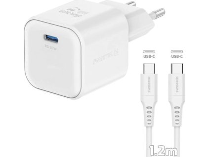 Swissten síťový adaptér gan 1x usb-c 20w power delivery bílý + datový kabel usb-c/usb-c 1,2 m bílý