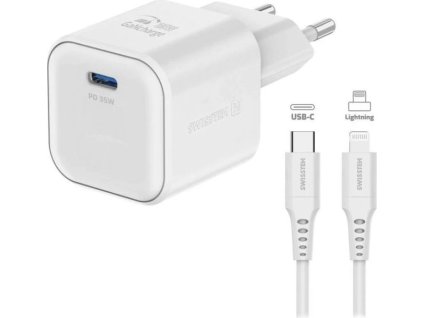 Swissten síťový adaptér gan 1x usb-c 35w power delivery bílý + datový kabel usb-c/lightning 1,2 m bílý