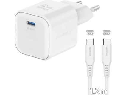 Swissten síťový adaptér gan 1x usb-c 35w power delivery bílý + datový kabel usb-c/usb-c 1,2 m bílý