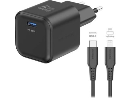 Swissten síťový adaptér gan 1x usb-c 35w power delivery černý + datový kabel usb-c/lightning 1,2 m černý