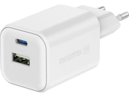 Swissten síťový adaptér gan 1x usb-c 45w pd + 1x usb-a 18w qc bílý