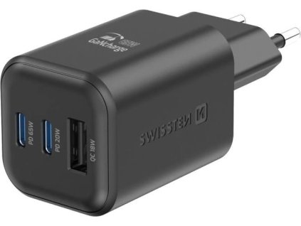 Swissten síťový adaptér gan 2x usb-c 65w pd + 1x usb-a 18w qc černý