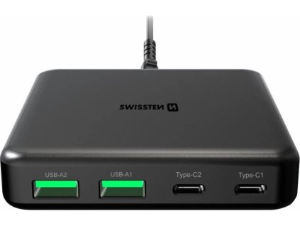 Swissten mini desktop adaptér gan 2x usb-c + 2xusb 65w power delivery černý