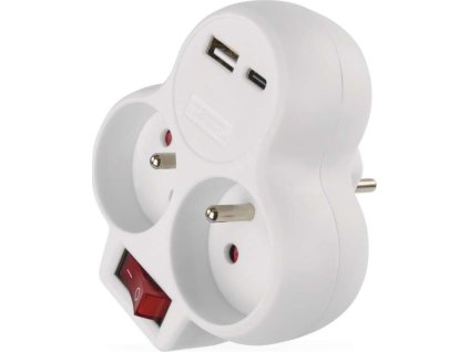 Rozbočovací zásuvka 2×, vyp., 1×USB-A+1×USB-C, bílá