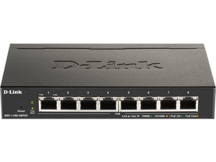D-Link DGS-1100-08PV2 Smart Switch, 8x 1000Base-T 802.3at PoE, 64W PoE budget, Fanless
