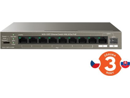 Tenda TEG1110PF-8-102W PoE+ AT switch 8xPoE 802.3af/at + Uplink RJ45 + SFP port, 92W, PoE+, fanless