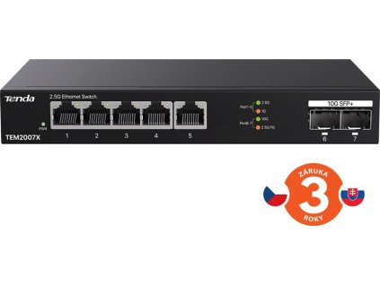 Tenda TEM2007X - Multi-gigabit switch, 5x 2.5G RJ45 + 2x 10G SFP+ port, MAC 16K, ochrana 6kV