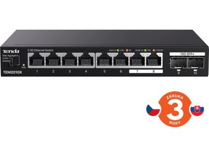 Tenda TEM2010X - Multi-gigabit switch, 8x 2.5G RJ45 + 2x 10G SFP+ port, MAC 16K, ochrana 6kV