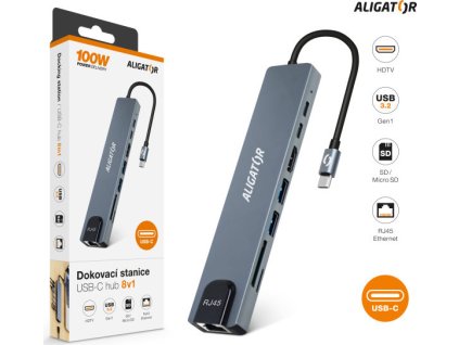 Aligator Dokovací stanice USB-C / Hub 8v1 (USB-C / 2xUSB / SD / MicroSD/ HDTV / RJ45)